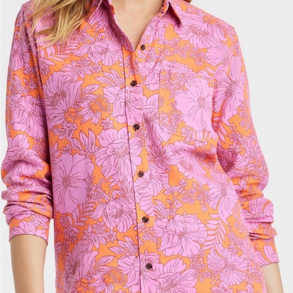 Universal Thread Pink & Orange Floral Button-Down Shirt - Picture 3 of 9